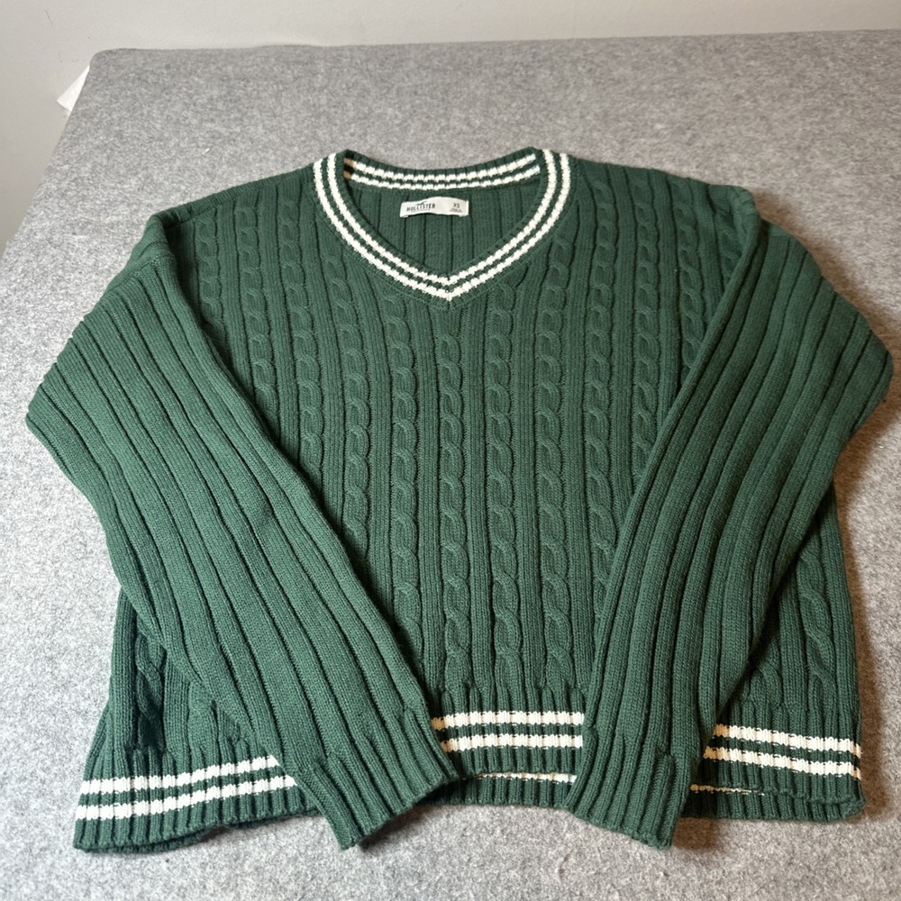 Hollister Sweater Women XS Green Chunky Knit Classiccore Preppy V Neck College
